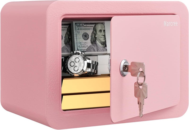 Marcree 0.23 Cubic Small Safe Box for Home, Mini Safes for Kids, Pink Safe with Key, Security Cabinet Safes with Cutting-edge Bending, Lock Box with Keys for Money Cash, 6.69x 9.06x 6.69 Inches, Pink - Image 1